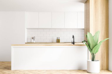 Beyaz ayakta beyaz ve ahşap duvarlar ve ahşap bir zemin ile modern bir mutfak, bar. 3D render alay