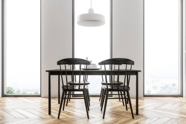 Beyaz İskandinav tarzı yemek odası ile bir ahşap zemin, sandalye ve loft windows ile siyah bir tablo. Yan görünümü. 3D render alay