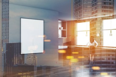 Bir İskandinav tarzı mutfak köşesi Gri duvarlar, ahşap zemin ve bir çerçeve dikey poster kadında. 3D render sahte kadar çift tonlu görüntü pozlaması