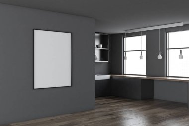 İskandinav tarzı mutfak köşesi Gri duvarlar, ahşap zemin ve bir çerçeve dikey poster. 3D render alay