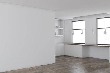 İskandinav tarzı mutfak köşe beyaz duvarlar, ahşap zemin ve reklam için boş bir duvar ile. 3D render alay