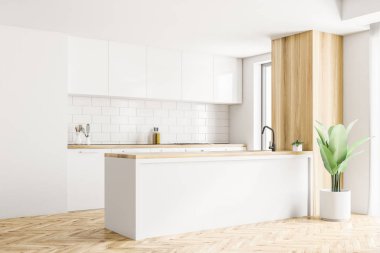 Beyaz ayakta beyaz ve ahşap duvarlar ve ahşap bir zemin ile modern bir mutfak, bar. Yan görünümü. 3D render alay