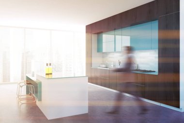 Siyah ve beyaz panoramik mutfak iç bir beton zemin, siyah ve mavi mutfak tezgahı ve loft windows. İşadamı 3d render alay tonda görüntü bulanık