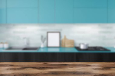 Siyah mutfak tezgahı ve mavi dolapları, tencere ve poster Ocak yakınındaki Beyaz ahşap mutfak iç. 3d render alay kadar bulanık