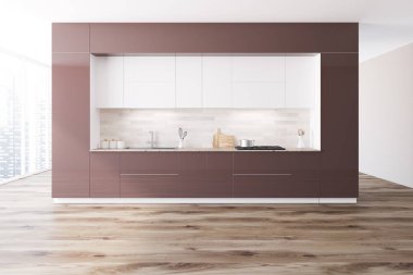 Bir ahşap zemin, beyaz ve kahverengi mutfak tezgahı ve çatı pencereleri ile kahverengi ve beyaz özgün mutfak iç. 3D render alay