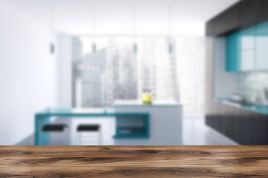 Siyah ve beyaz özgün mutfak iç bir beton zemin, siyah ve mavi mutfak tezgahı ve panoramik pencereler ile. Bar. 3d render alay kadar bulanık