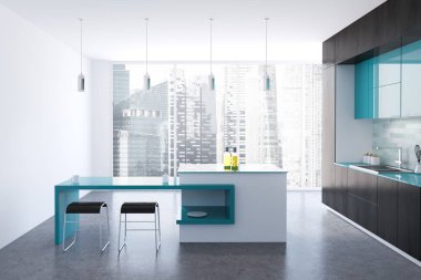 Siyah ve beyaz özgün mutfak iç bir beton zemin, siyah ve mavi mutfak tezgahı ve panoramik pencereler ile. Bar. 3D render alay