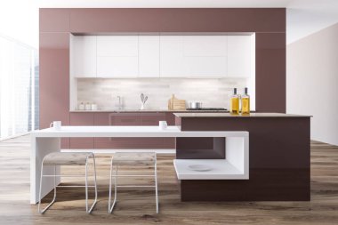 Bir ahşap zemin, beyaz ve kahverengi mutfak tezgahı ve çatı pencereleri ile kahverengi ve beyaz özgün mutfak iç. Bar. 3D render alay