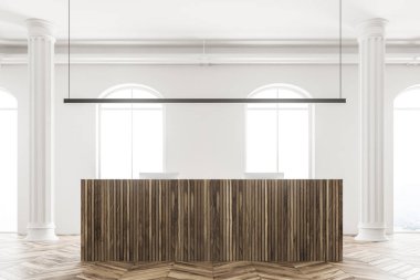 Kemerli windows office iç ahşap zemin üzerinde bir ahşap Resepsiyon konumu olan. Beyaz duvarları ve sütunlar. 3D render alay