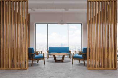 Mavi bir kanepe ve koltuklar yakınındaki bir beton zemin üzerinde bir sehpa duran ile çatı windows ofis bekleme odası iç. Ahşap duvarlar. 3D render alay