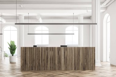 Kemerli windows office iç ahşap zemin üzerinde bir ahşap Resepsiyon konumu olan. Beyaz duvarları ve sütunlar. Saksılı bir bitki. 3D render alay