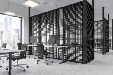 Beyaz bilgisayar sandalyeler ve siyah ofis koltukları ile siyah ofis kabinleri. Panoramik pencerelere. 3D render