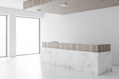 Mermer ve ahşap resepsiyon masası ayakta modern ofisindeki bir beyaz zemin ve duvarlar ve panoramik pencereler ile lobi. 3D render alay