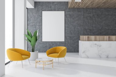 Gri duvar ofis bekleme odası iç bir mermer zemin, bir resepsiyon, bir sehpa ile sarı koltuklar ve dikey bir poster. 3D render alay