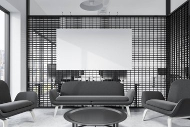 Siyah bir kanepe ve koltuklar yakınındaki bir beton zemin üzerinde bir sehpa duran ile çatı windows ofis bekleme odası iç. Yatay bir poster. Beyaz duvarlar. 3D render alay