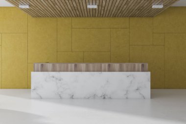 Sarı duvar ofis bekleme odası iç bir mermer zemin ve beyaz mermer ve ahşap resepsiyon ile. 3D render alay
