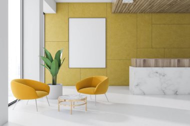 Sarı duvar ofis bekleme odası iç bir mermer zemin, bir resepsiyon, bir sehpa ile sarı koltuklar ve dikey bir poster. 3D render alay