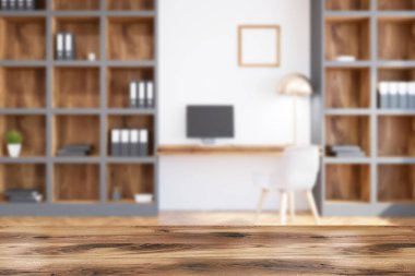 Bir ev ofis iç beyaz duvarlı, küçük bir kare poster ve kütüphaneler bir bilgisayar tabloyla iç. 3d render alay kadar bulanık