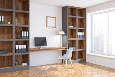 Bir ev ofis iç beyaz duvarlı, küçük bir kare poster ve kitaplıklar içeren bir bilgisayar tablo yan görünüm. 3D render alay