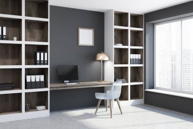 Panoramik pencere gri ev ofis köşe bir beton zemin, bir bilgisayar masa ve kütüphaneler ile ağıl. İç Tasarım kavramı. 3D render alay