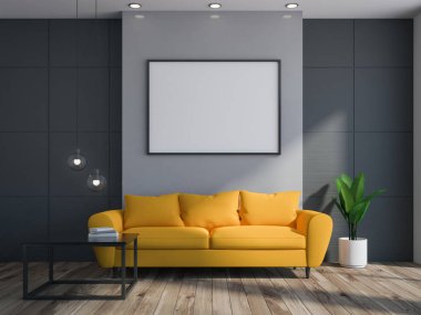 Gri ve siyah oturma odası iç ahşap zemin ve duvara yakın duran uzun rahat bir sarı kanepede. Çerçeveli bir poster. 3D render alay