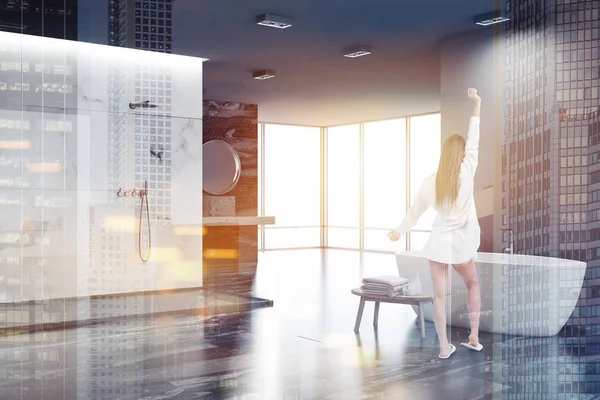 Siyah ve beyaz mermer lüks banyo köşe duş kabini ve lavabo yuvarlak ayna ile. Beyaz bir küvet. Bir kadın. 3D render sahte kadar çift tonlu görüntü pozlaması