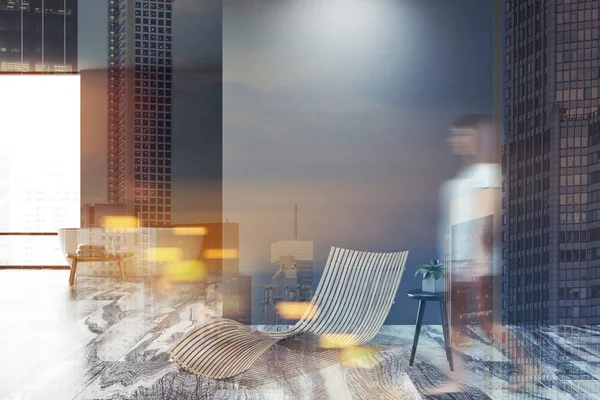 Çatı penceresi ve bir şezlong yakınındaki beyaz küvetli lüks gri banyo iç. Boş duvar. Kadın 3d render sahte tonlu görüntü çift pozlama kadar bulanık