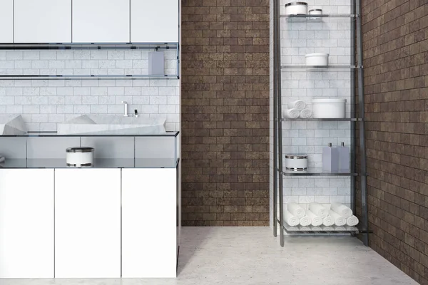 Ayakta beyaz ve tuğla banyoda beyaz mutfak tezgahı üzerinde lavabo iç. Raflar için değil. 3D render alay