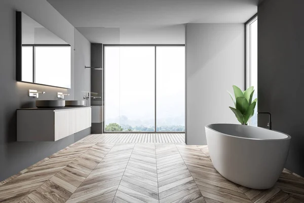 Interior Banheiro Cinza Com Piso Madeira Uma Banheira Branca Perto — Fotografia de Stock