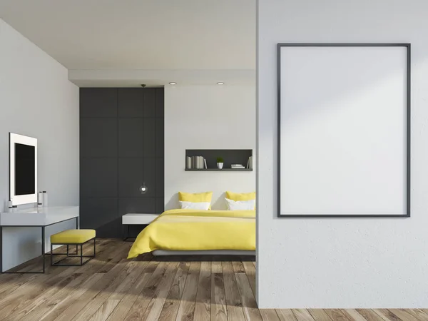 White and gray wall bedroom interior with a yellow bed, a shelf above it, a wooden floor and a TV set. A frame vertical poster on the wall. 3d rendering mock up
