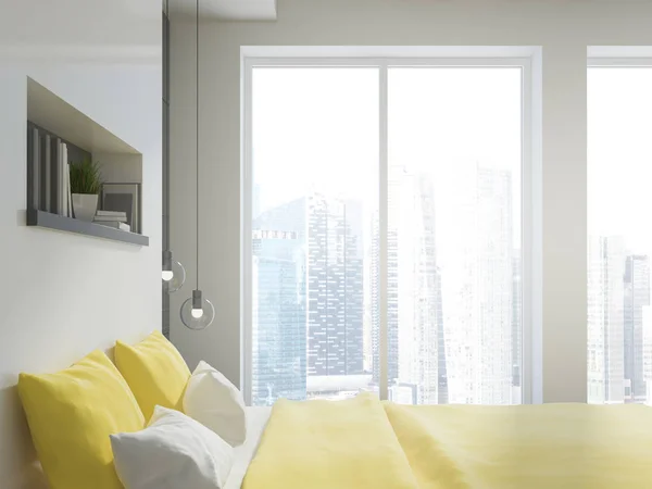 Wit Grijs Muur Slaapkamer Interieur Met Een Gele Bed Een — Stockfoto