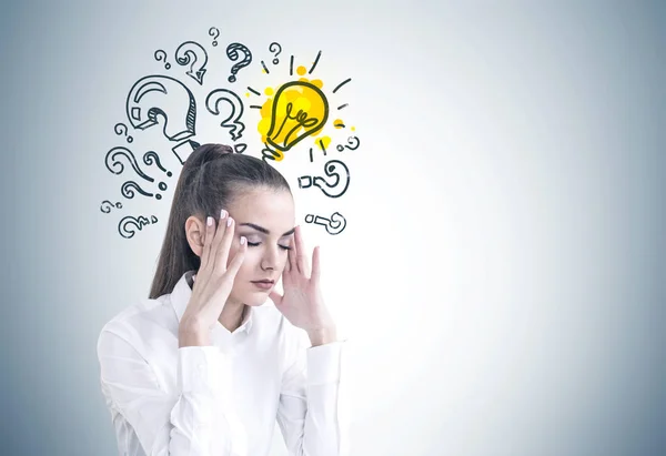 Stressed Young Businesswoman Long Hair Ponytail Wearing White Shirt Question — Stock Photo, Image