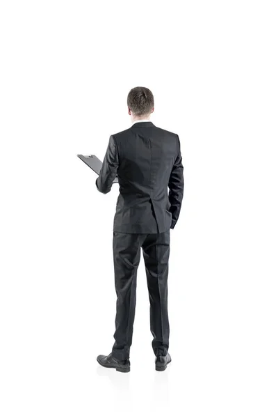 Rear View Young Businessman Gray Suit Holding Folder Looking Forward — Stock Photo, Image
