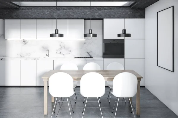 Marble kitchen interior with white cabinets, a built in oven, a wooden table and white chairs. A poster on the wall. 3d rendering mock up