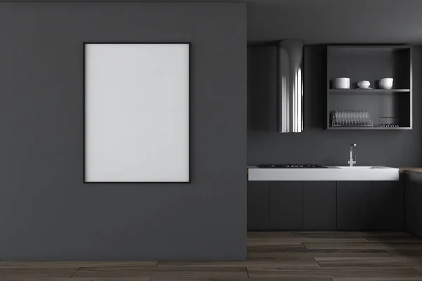 灰色简约厨房内饰与木地板 灰色台面和橱柜和垂直海报 渲染模拟 — 图库照片