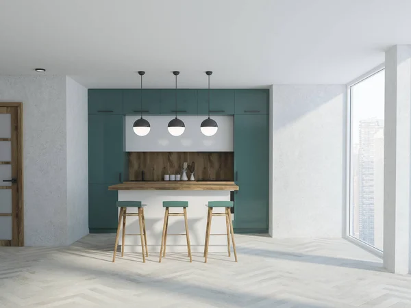 绿色和木制厨房内部与混凝土地板和一个木制酒吧与绿色凳子 渲染模拟 — 图库照片