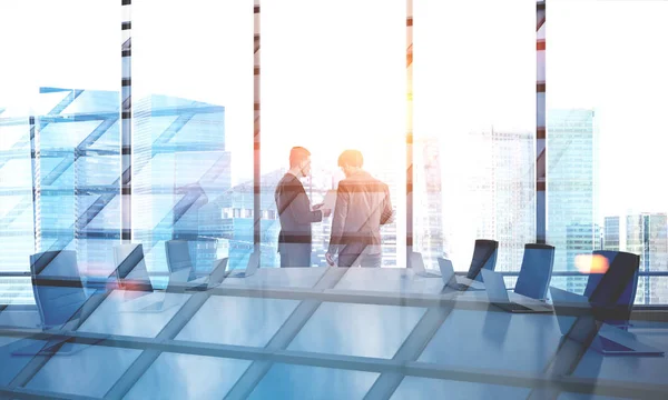 Businessmen Talking Modern Panoramic Office Boardroom Gray Table Rendering Mock — Stock Photo, Image