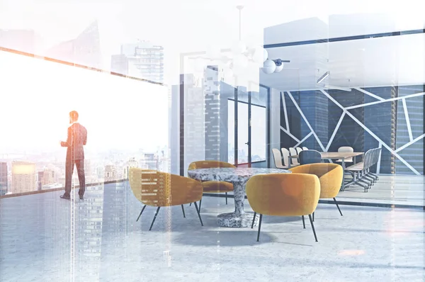 Businessman Standing Modern Panoramic Office Boardroom Waiting Room Rendering Mock — Stock Photo, Image