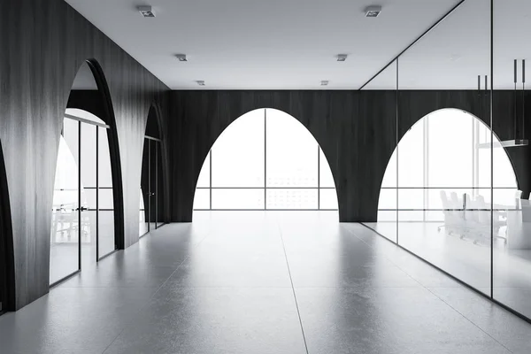 Moderno Vestíbulo Oficinas Con Suelo Hormigón Paredes Madera Oscura Arqueada — Foto de Stock