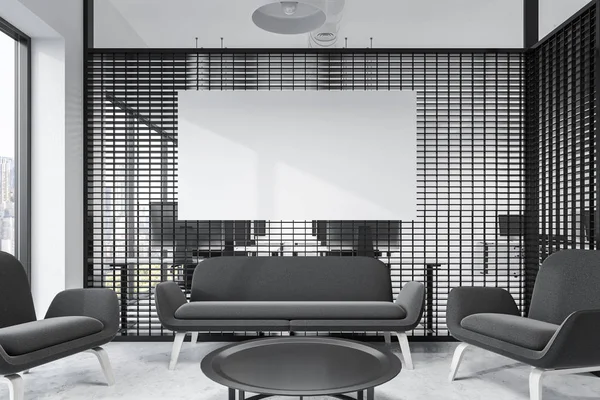 Siyah bir kanepe ve koltuklar yakınındaki bir beton zemin üzerinde bir sehpa duran ile çatı windows ofis bekleme odası iç. Yatay bir poster. Beyaz duvarlar. 3D render alay