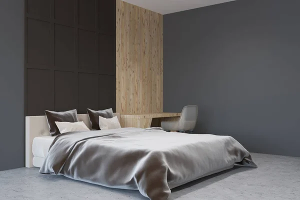 Interior Dormitorio Gris Oscuro Madera Con Suelo Hormigón Cama Doble — Foto de Stock