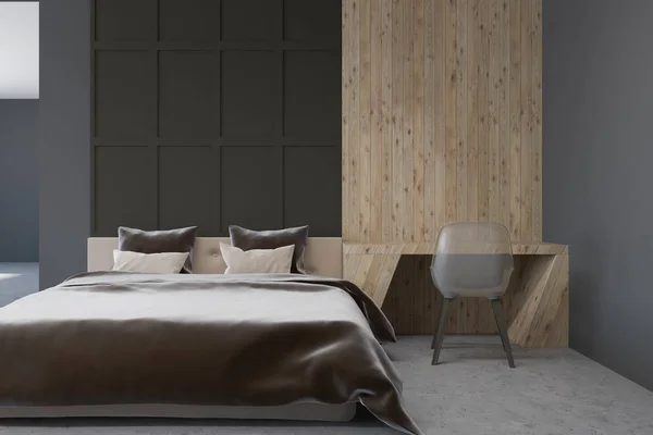 Interior Dormitorio Gris Oscuro Madera Con Suelo Hormigón Cama Doble — Foto de Stock