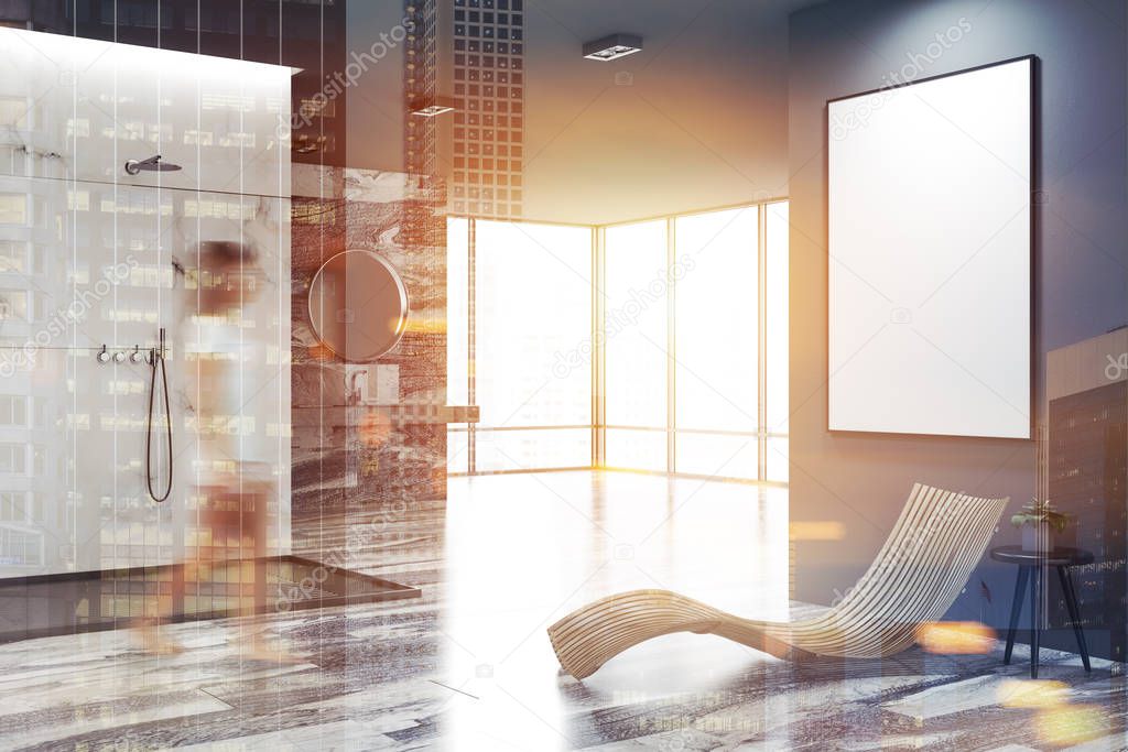 White and black marble luxury bathroom corner with a shower stall and a sink with a round mirror. A deck chair and a poster. A woman 3d rendering mock up toned image double exposure blurred