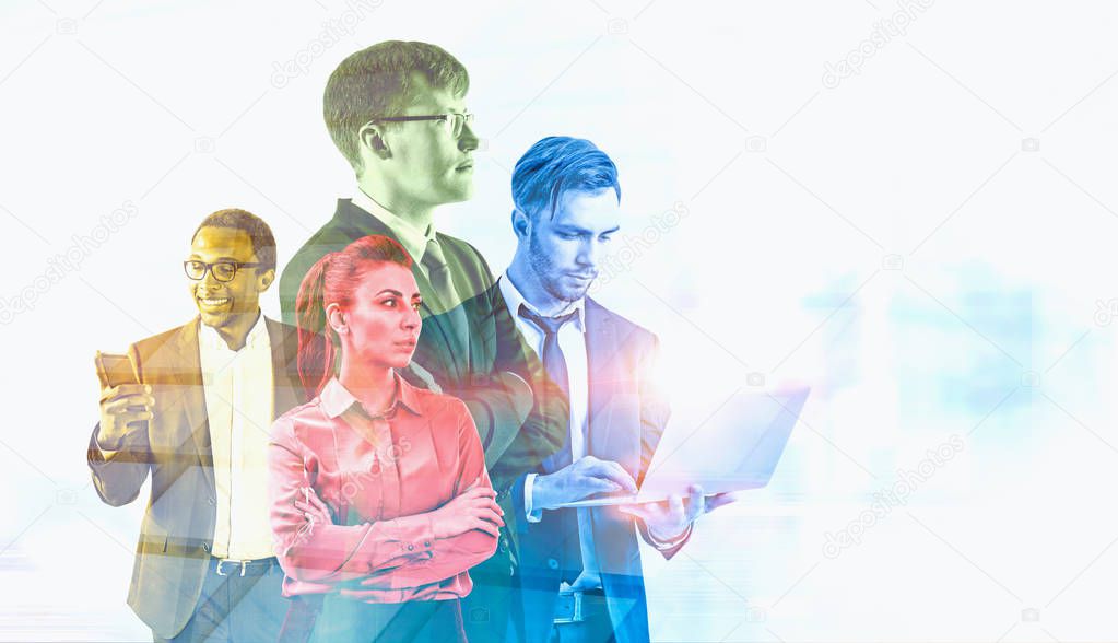 Business people standing together. A foggy city background. Concept of a teamwork in company. Toned image double exposure mock up.