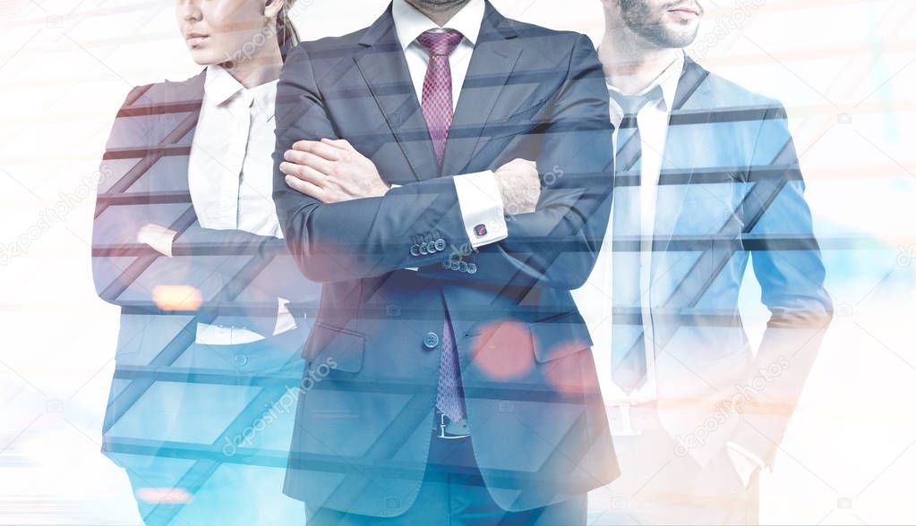 Unrecognizable business leaders. A foggy city background. Concept of business team. Toned image double exposure mock up.