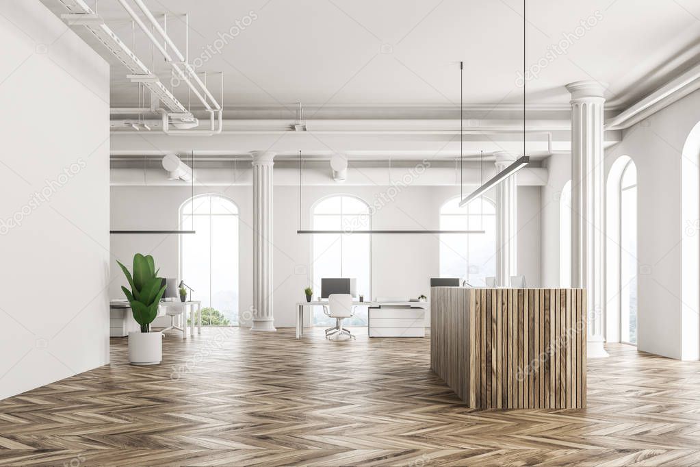 Arched windows office interior with a wooden reception standing on a wooden floor. White walls. Open space office area in the background. 3d rendering mock up