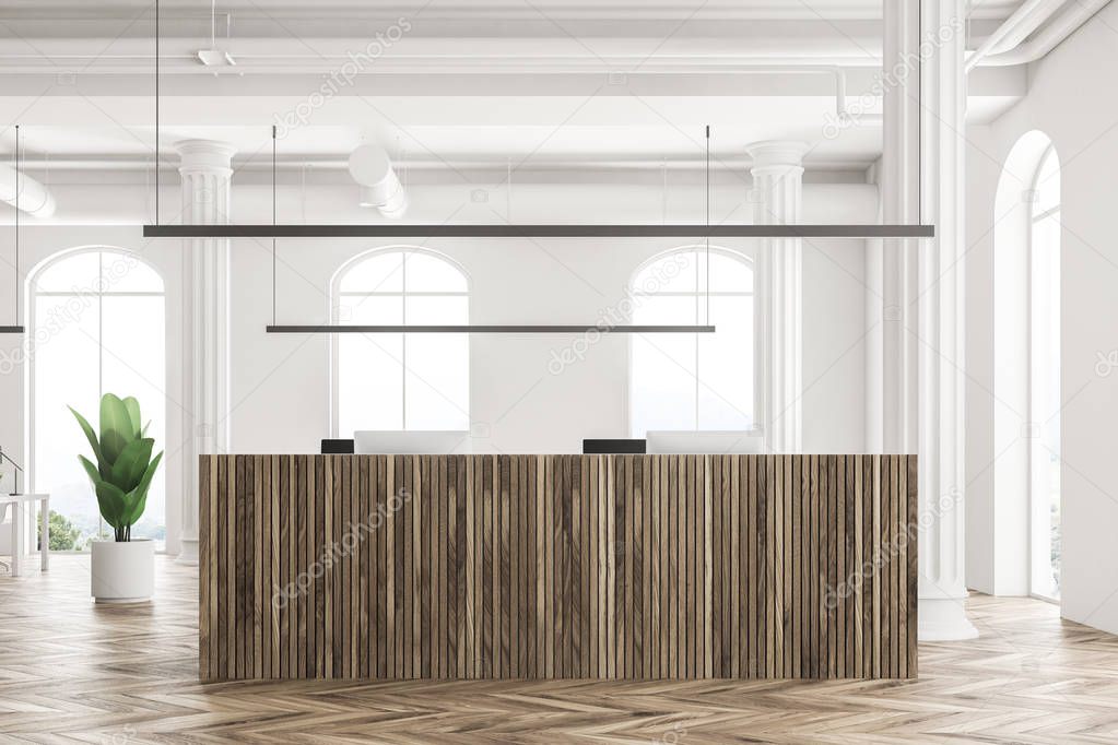 Arched windows office interior with a wooden reception standing on a wooden floor. White walls and columns. A potted plant. 3d rendering mock up