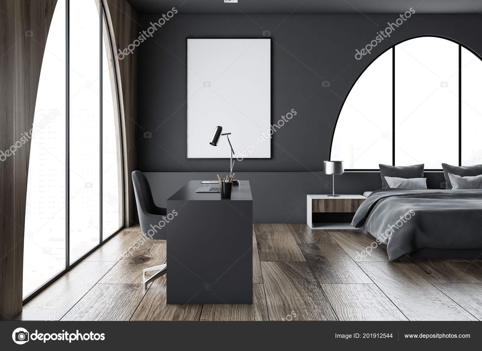 Home Office Bedroom Interior Dark Gray Walls Arched Windows