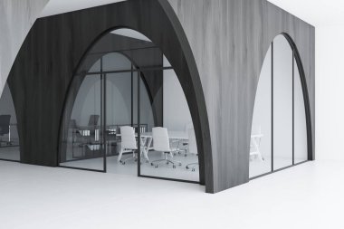 Beyaz ve koyu ahşap ofis köşe beyaz bir zemin, kemerli kapı ve uzun toplantı odası masa yanında ayakta beyaz sandalye ile. 3D render alay