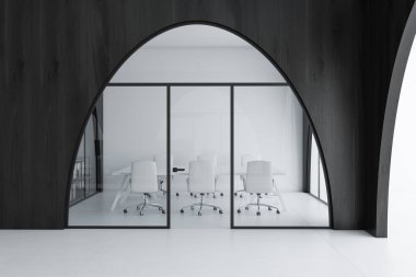 Beyaz ve koyu ahşap ofis iç beyaz bir zemin, kemerli kapı ve uzun toplantı odası masa yanında ayakta beyaz sandalye ile. 3D render alay